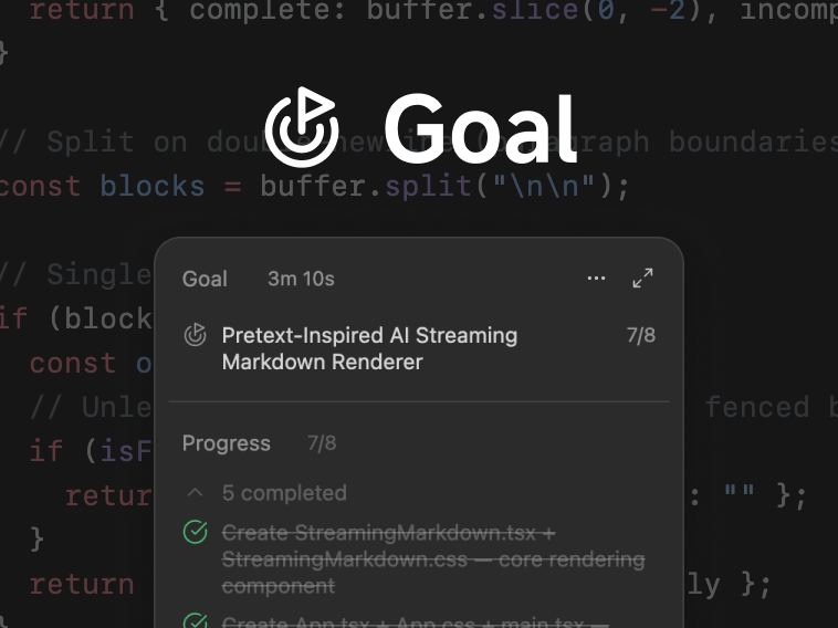 ZCode Goal panel tracking progress on a streaming Markdown renderer task